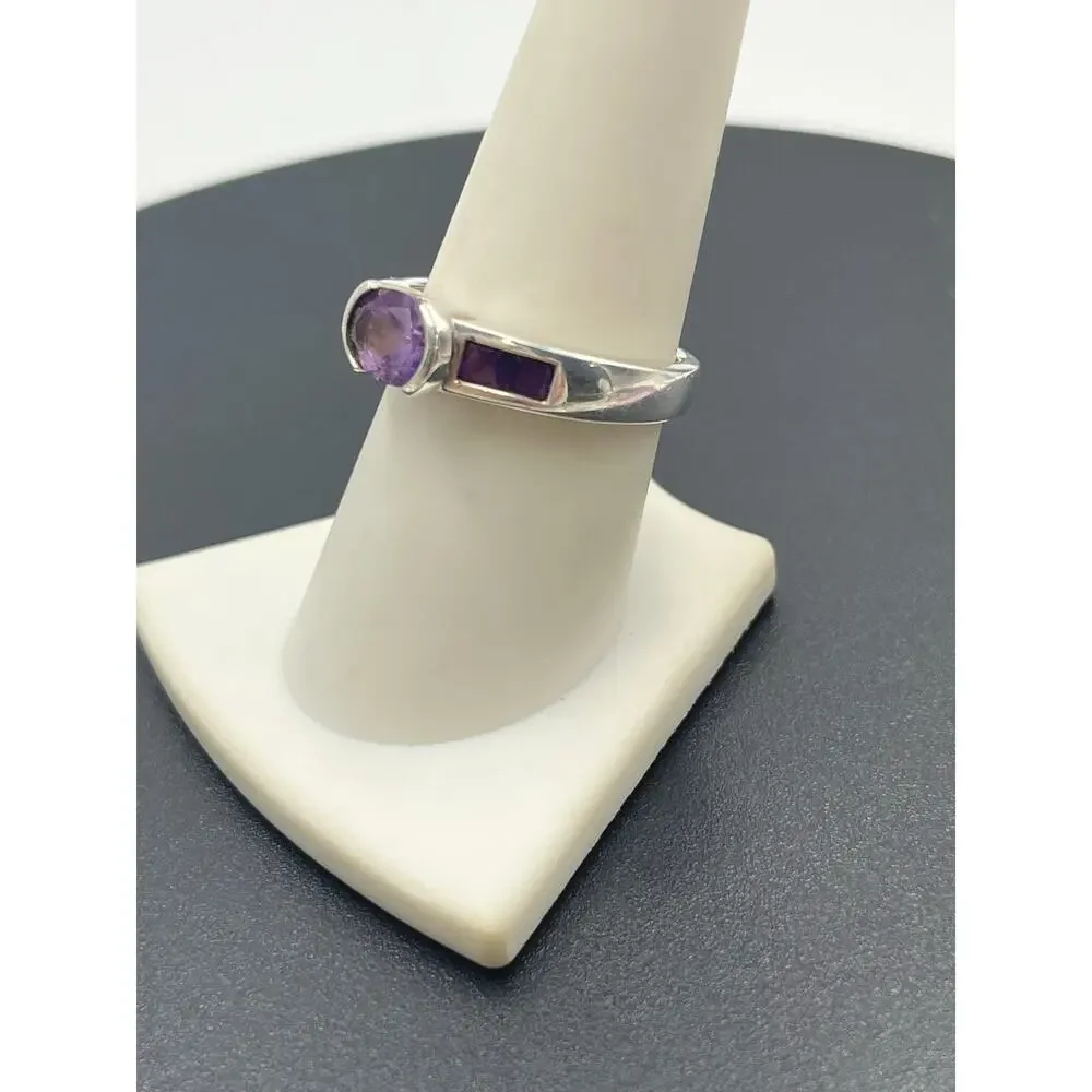 Sterling Silver 3-Stone Amethyst Oval Center‎ Stone Heart Makers Ring Size 8.25